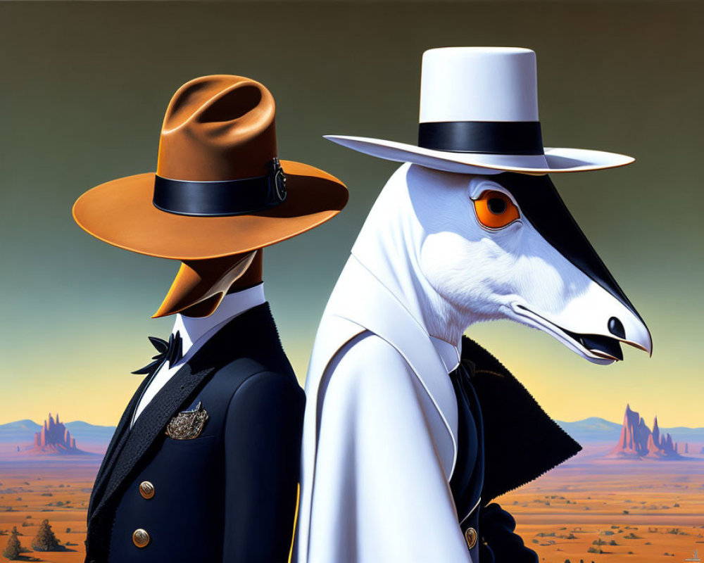 Anthropomorphic Birds in Classic Suits and Hats in Desert Setting