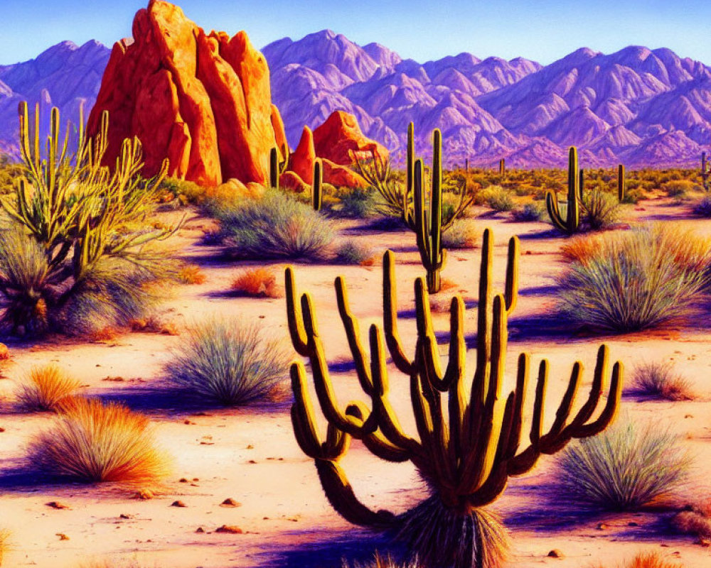 Colorful Desert Landscape with Cacti, Red Rocks, and Blue Mountains