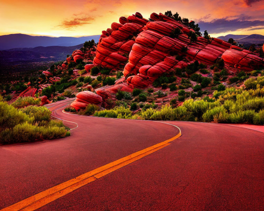 Scenic winding road through vibrant landscape with red rock formations