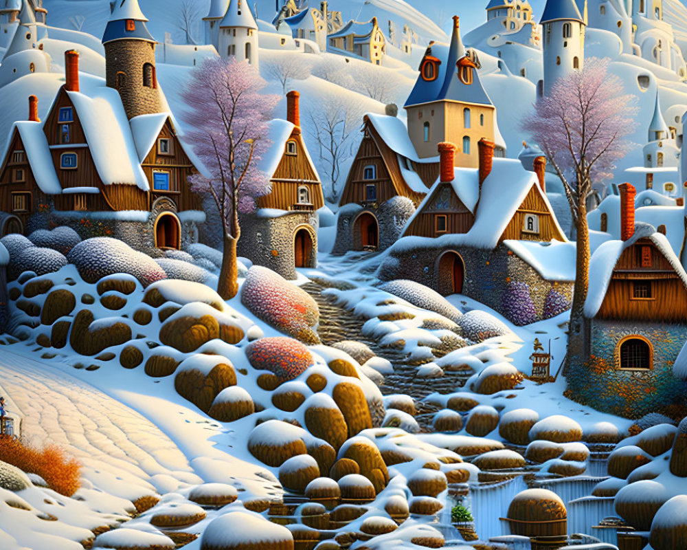 Snow-covered winter village with thatched cottages, barren trees, and castles.