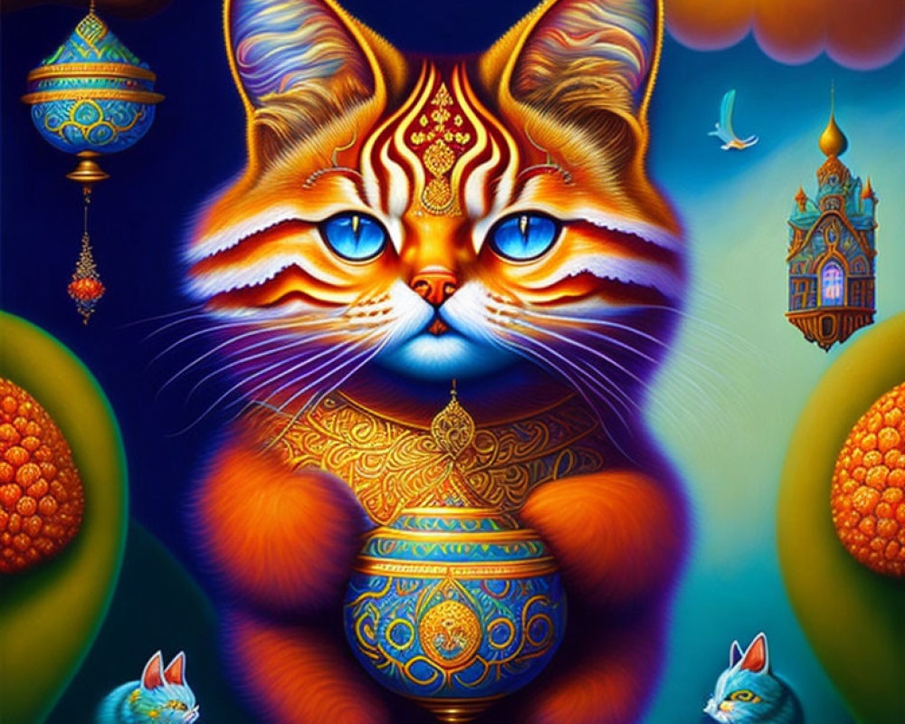 Colorful painting of ornate cat with egg in Russian setting