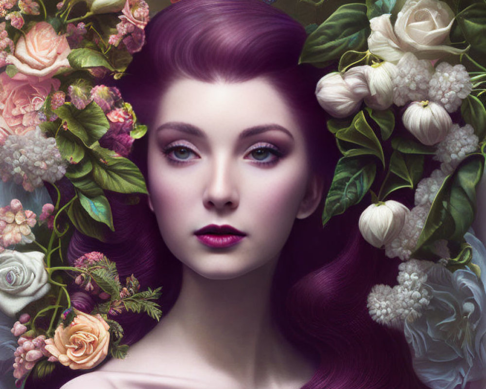 Vibrant purple hair woman portrait with colorful flowers