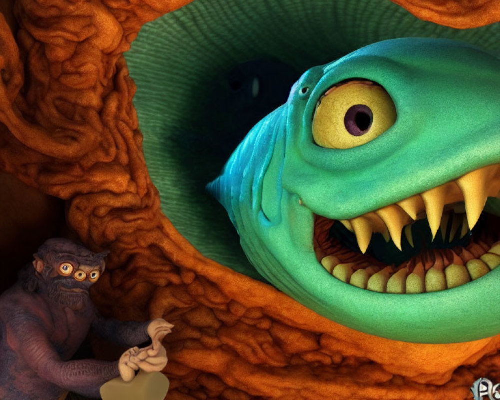 Cartoon-style image of surprised orange monster and smaller creature in cavern