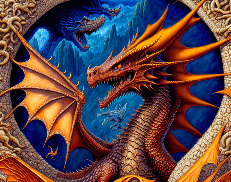 Vivid Illustration of Orange and Blue Dragons in Dramatic Cliff Setting