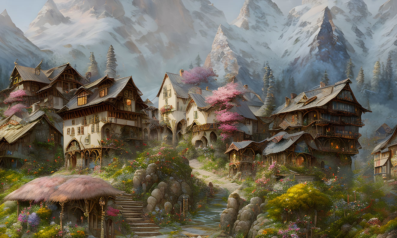 Rustic village with blooming gardens and snow-capped mountains