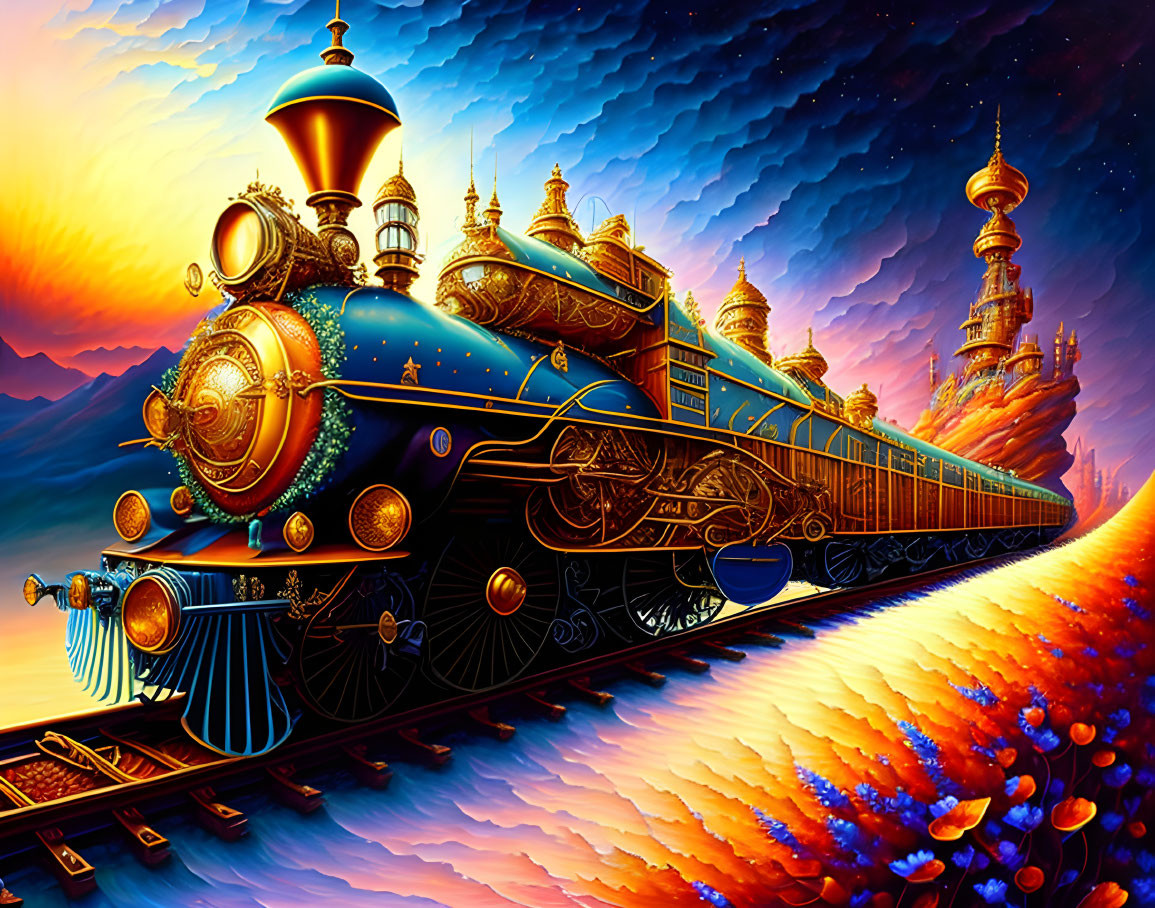 Fantastical blue steam train on ornate tracks in whimsical landscape