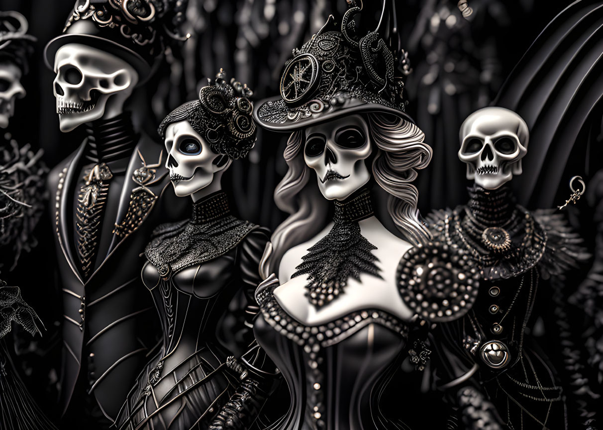 Monochromatic gothic art: Skull-faced figures in ornate attire with dark abstract backdrop