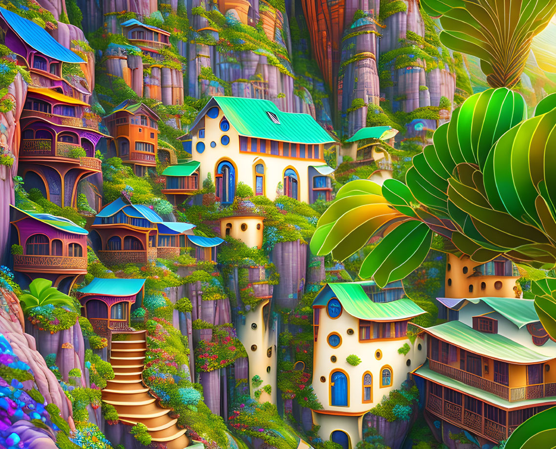 Colorful Terraced Cliff Village Surrounded by Nature