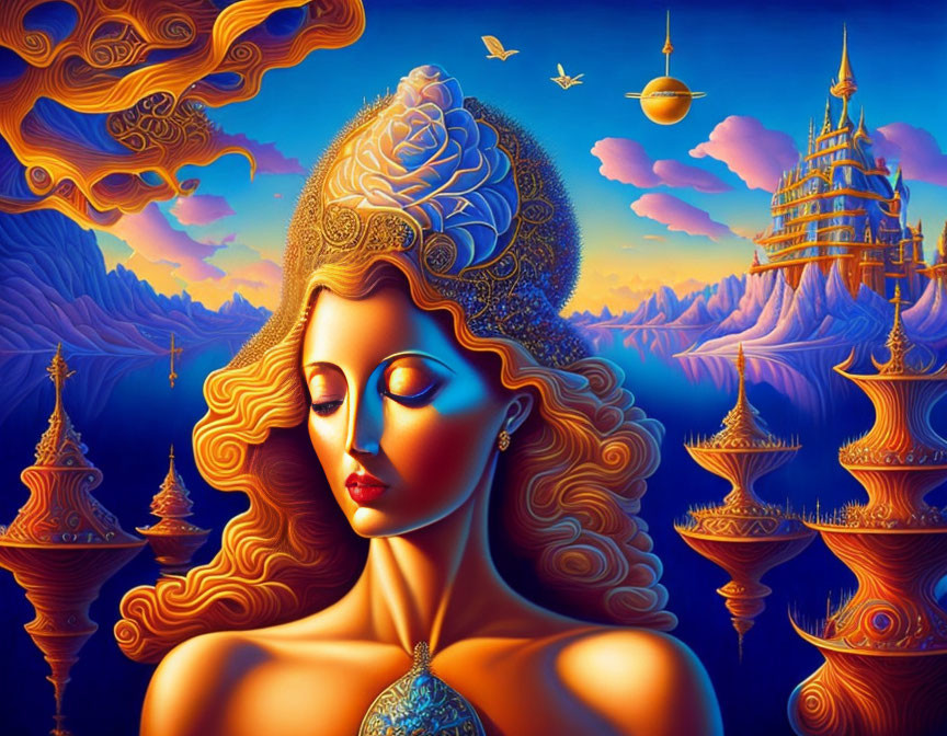 Vibrant digital artwork: Woman with golden skin, elaborate hair, fantastical landscape