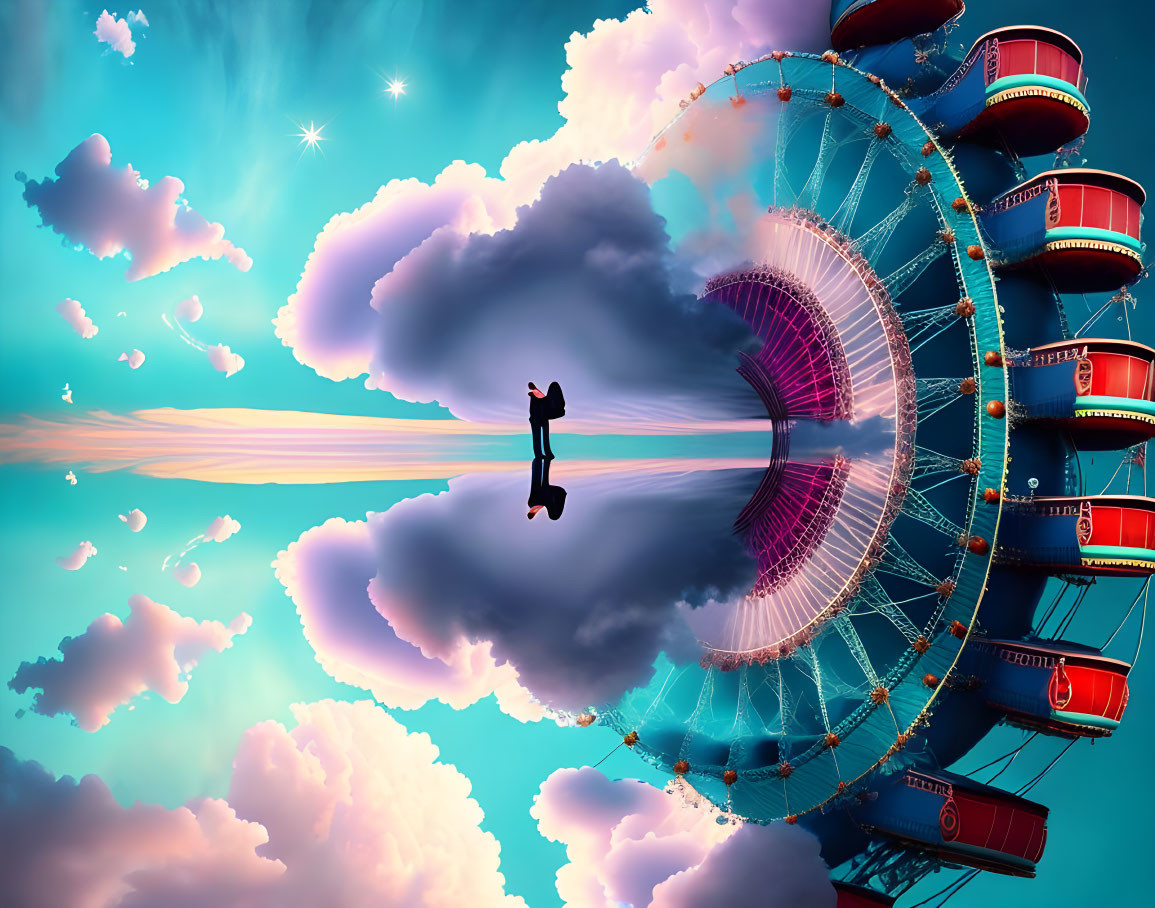 Levitating person among colorful clouds and Ferris wheel at twilight