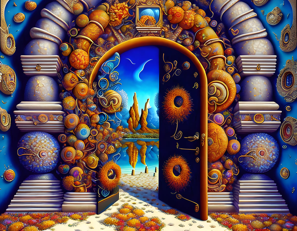 Vibrant surreal doorway with celestial orbs and floating islands