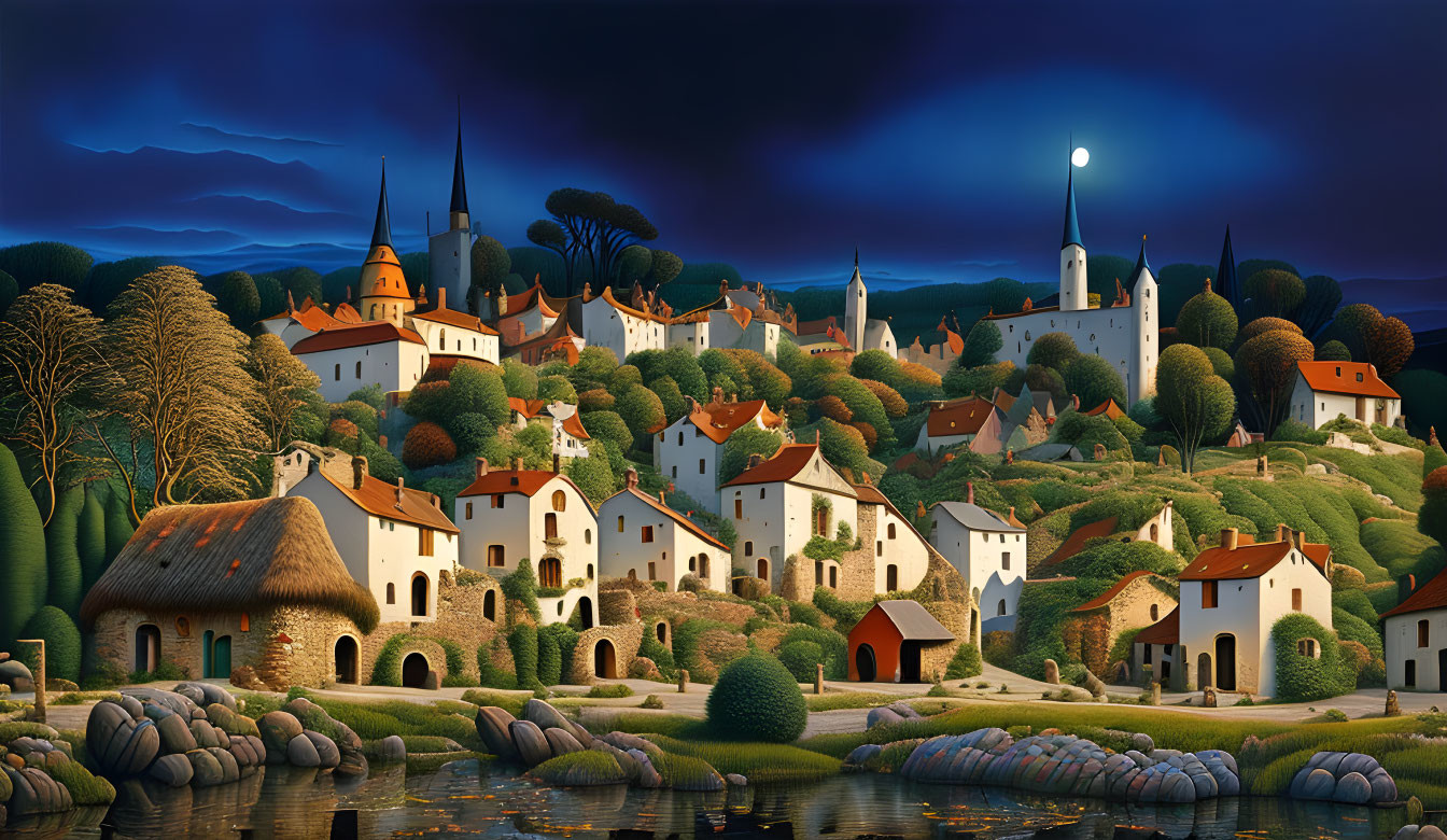 Picturesque village with quaint houses and church spires in moonlit hills