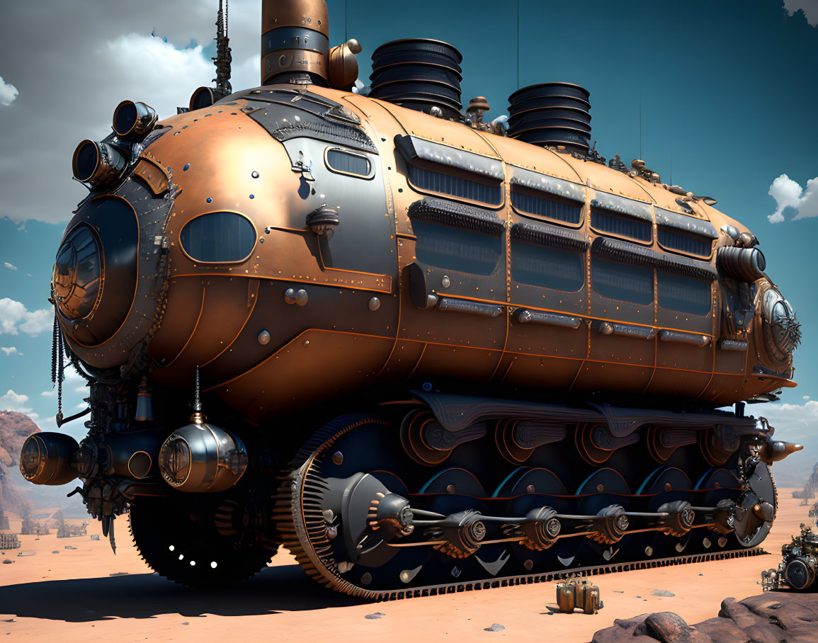 Steampunk-style locomotive with mechanical gears and pipes in desert landscape