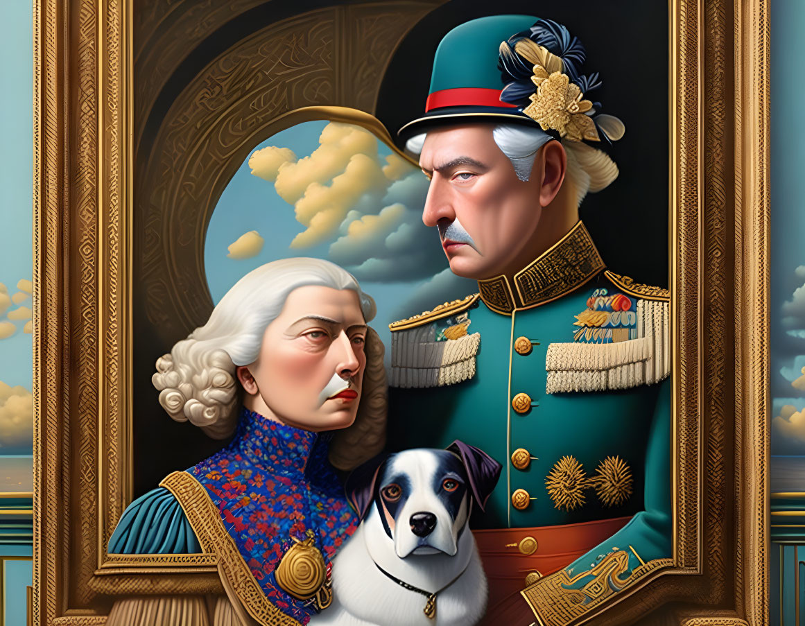 Illustrated portrait of two stern characters in historical attire with a dog, framed in ornate golden frame