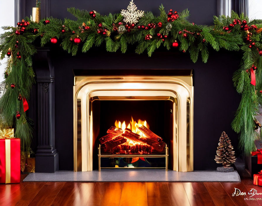 Festive Christmas fireplace with garland, decorations, fire, presents, and tree