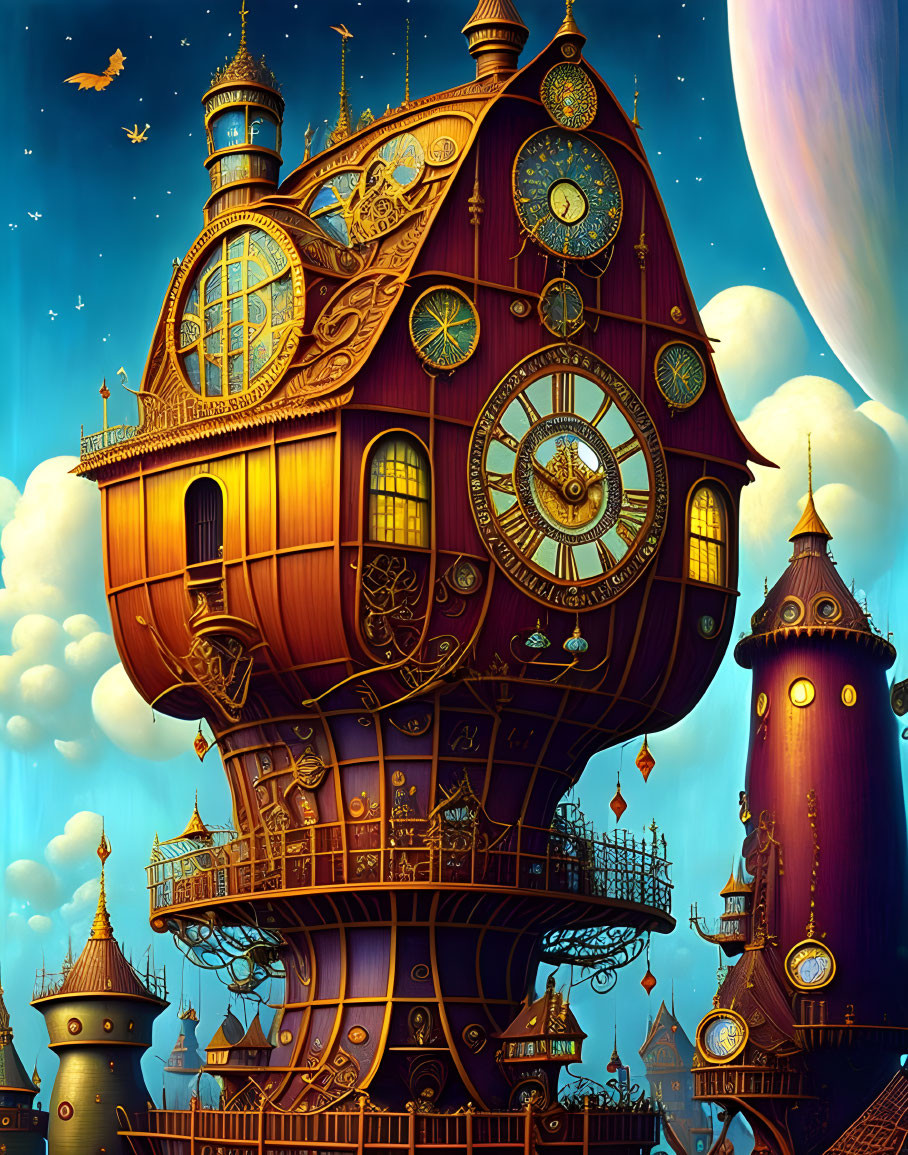 Steampunk clock tower with gears and flying ship against night sky
