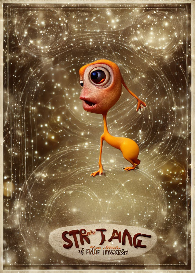 One-eyed whimsical animated creature on golden background with "Strange" text