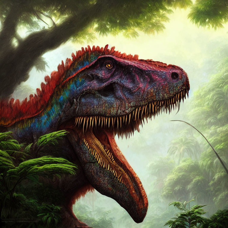 Colorful Dinosaur with Sharp Teeth in Lush Jungle Setting