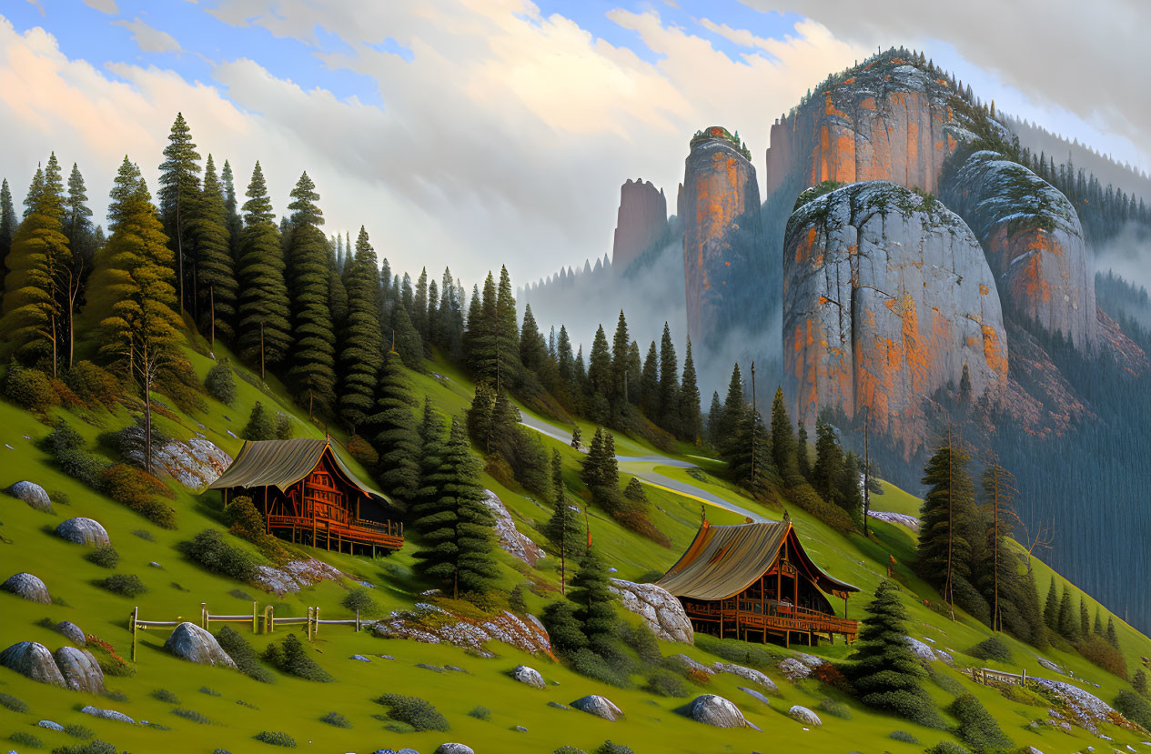 Traditional wooden houses in lush pine landscape with misty cliffs at sunset