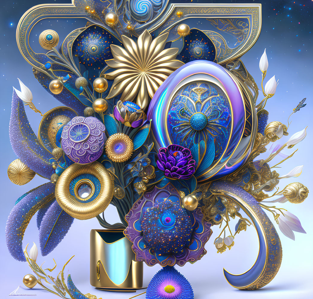 Intricate digital artwork: metallic flowers, ornate patterns, vibrant hues.