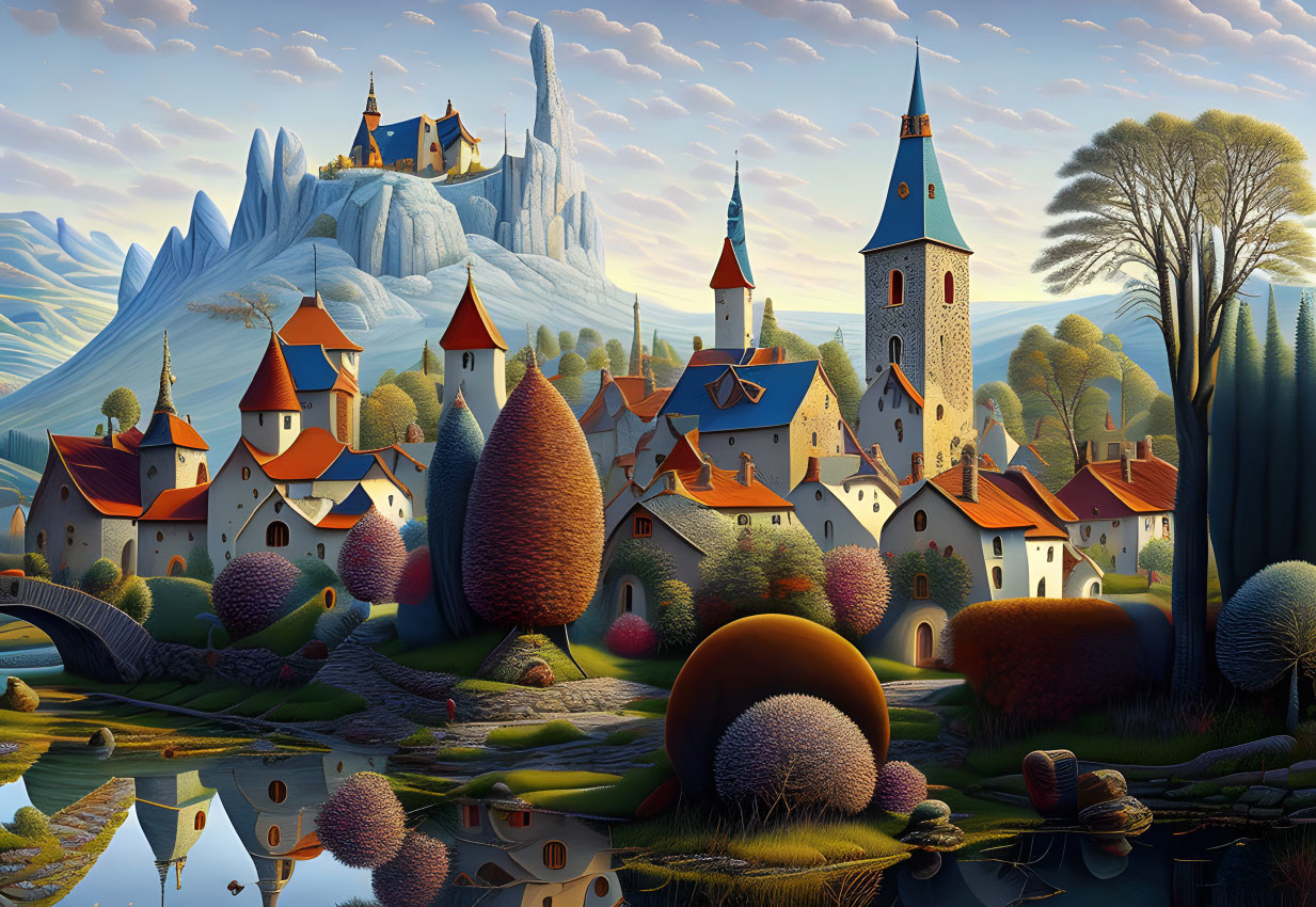 Colorful Fantasy Landscape with Castle and Icy Peaks