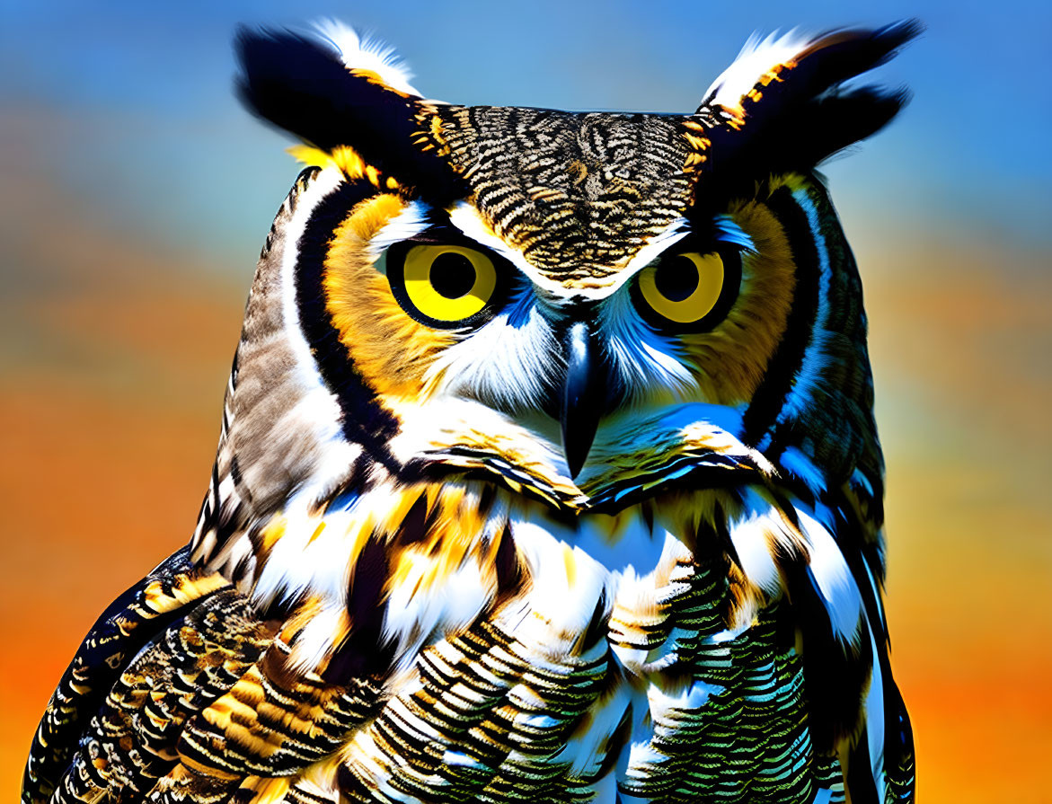 Great Horned Owl with Yellow Eyes on Blue and Orange Background