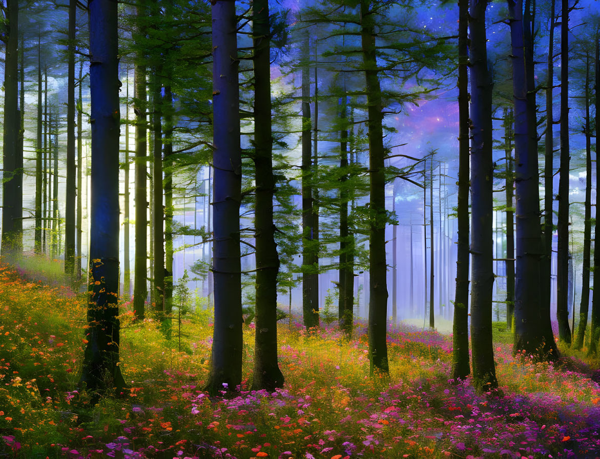 Lush forest with tall trees, light beams, and wildflowers
