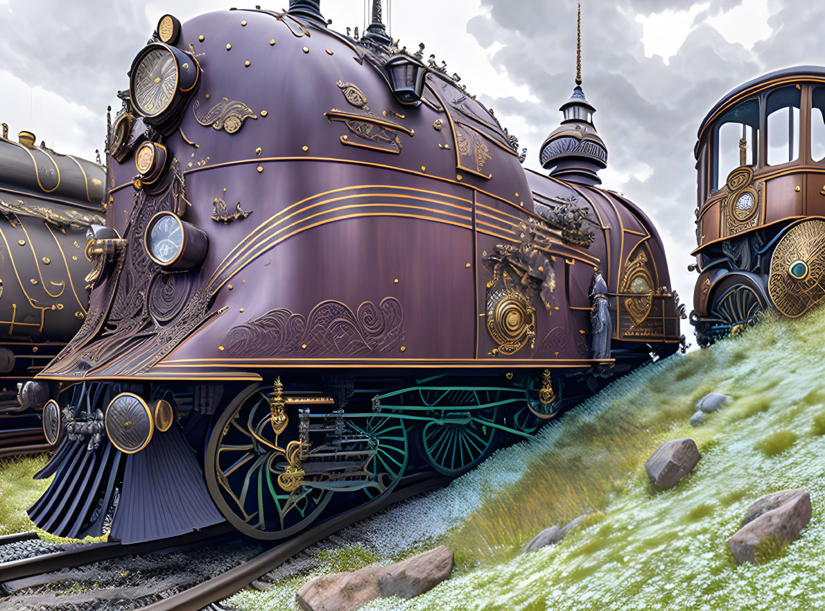 Steampunk-style train with gold detailing on tracks under dramatic sky