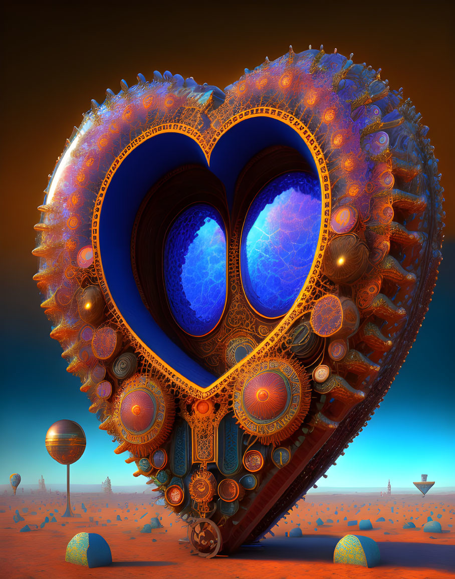 Surreal heart-shaped structure with glowing blue cores in alien desert landscape