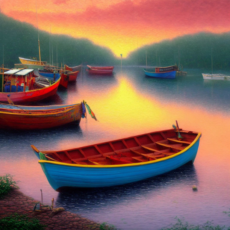 Vibrant sunset reflects on calm lake with colorful boats.