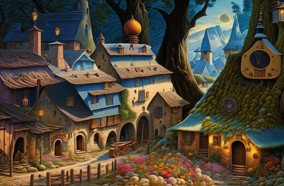 Charming village scene with cobblestone paths, cottages, clock, mountains, and moonlit