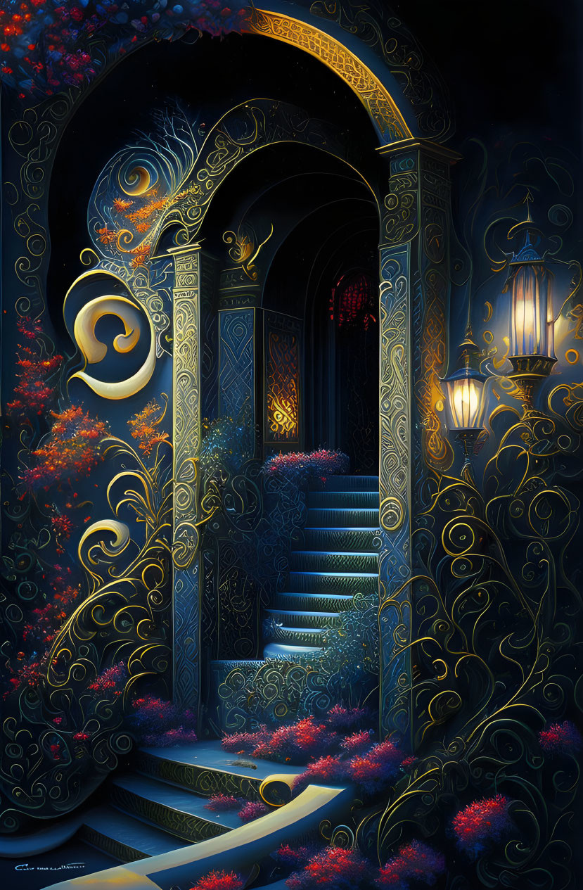 Mystical garden night scene with spiral staircase and lanterns