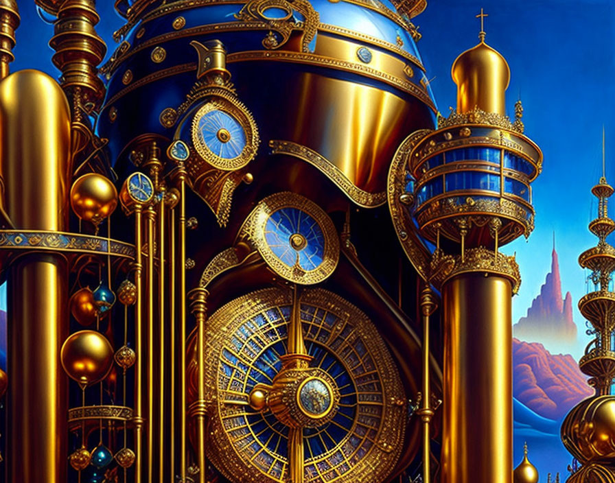 Golden steampunk cityscape with clockwork structures and spires