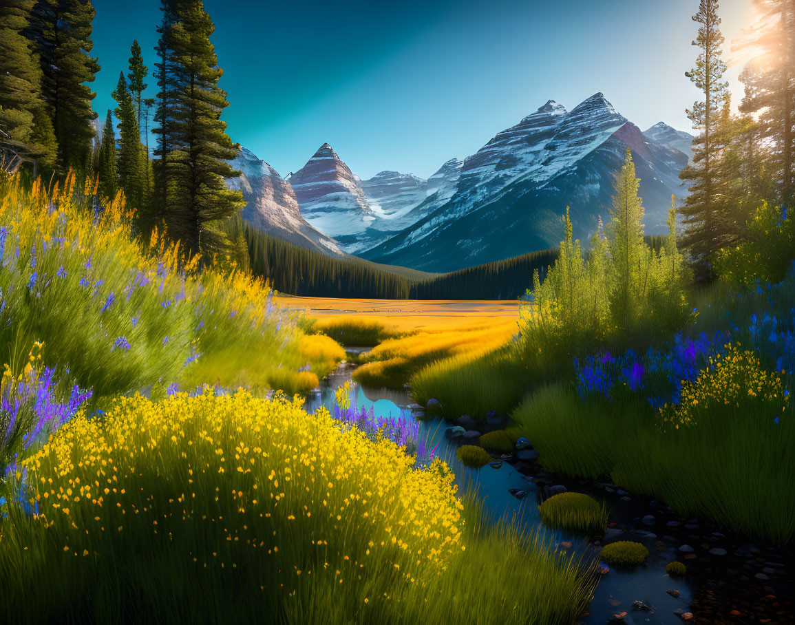 Tranquil landscape with wildflowers, river, mountains, and forests