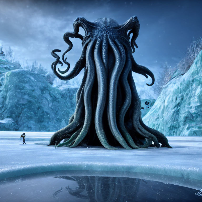 Giant octopus-like creature confronts person in frozen landscape