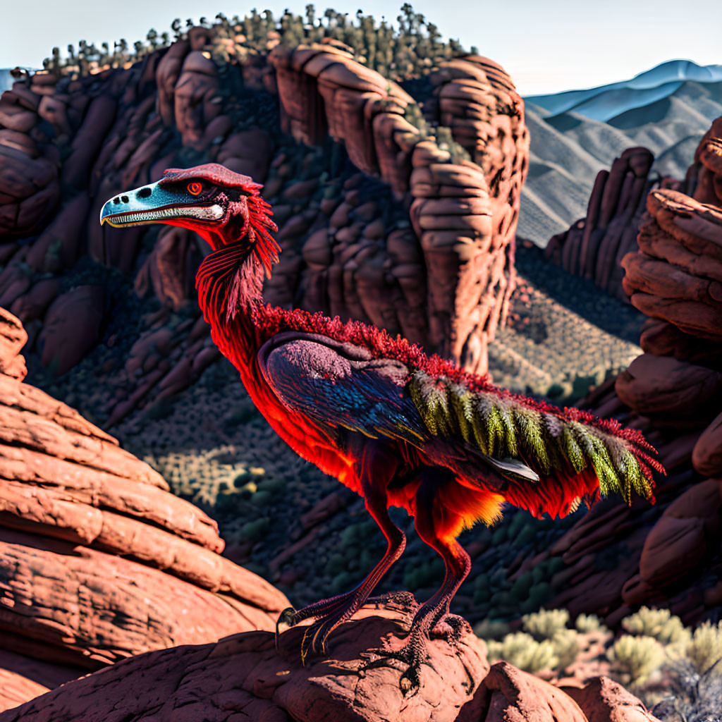 Colorful red-feathered dinosaur in desert landscape