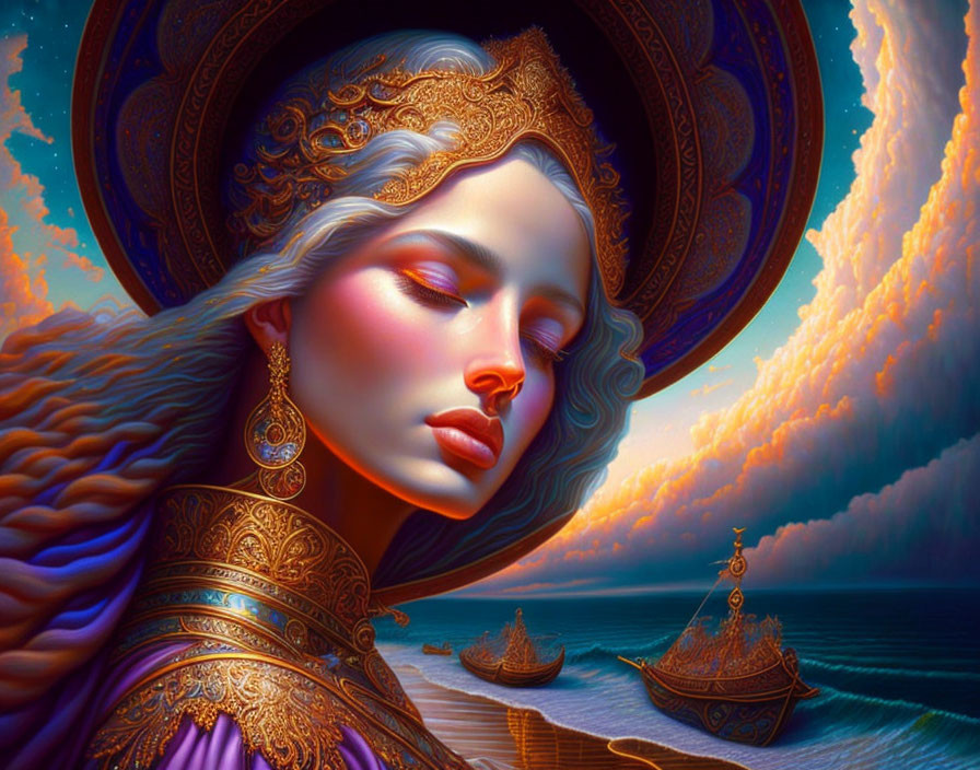 Illustration of woman in golden headdress and armor in sunset seascape with ships