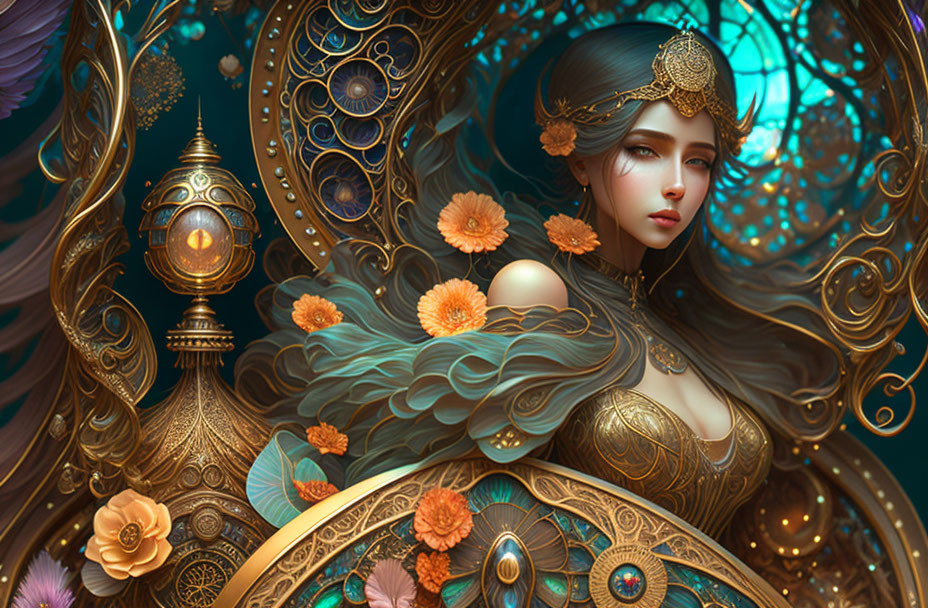 Ethereal artwork featuring a woman with gold jewelry among vibrant flowers