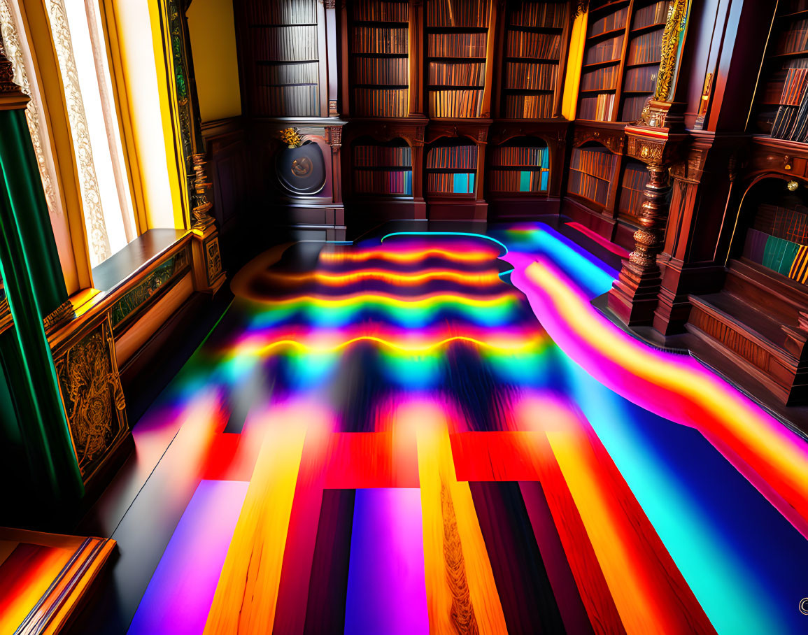 Colorful Light Display on Library's Wooden Floor Amid Bookshelves