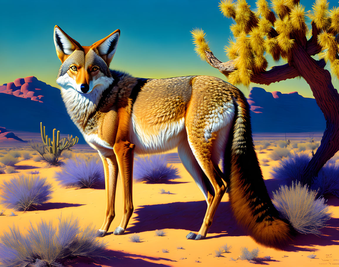 Fox in desert landscape with cacti under clear blue sky
