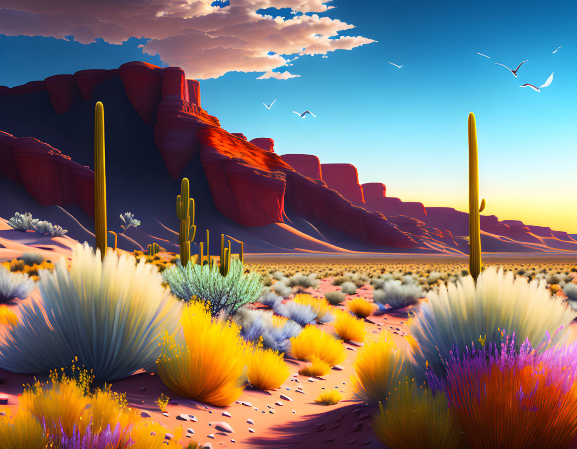 Colorful desert sunset with red rocks, blooming cacti, and birds in blue sky