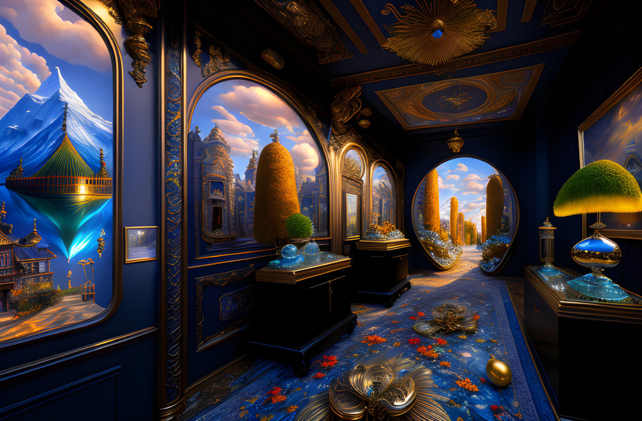 Luxurious interior with blue walls and golden trim under starry sky