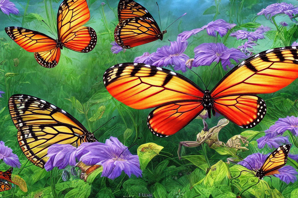 Orange Monarch Butterflies on Purple Flowers with Green Foliage