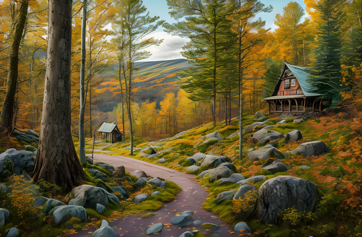 Tranquil autumn landscape with cozy cabin, colorful trees, winding path, vibrant foliage, and glowing