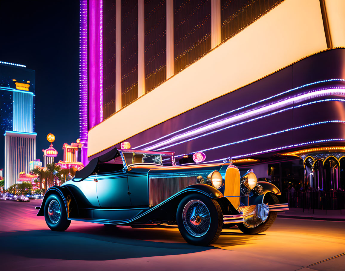 Vintage car parked by neon-lit building at night