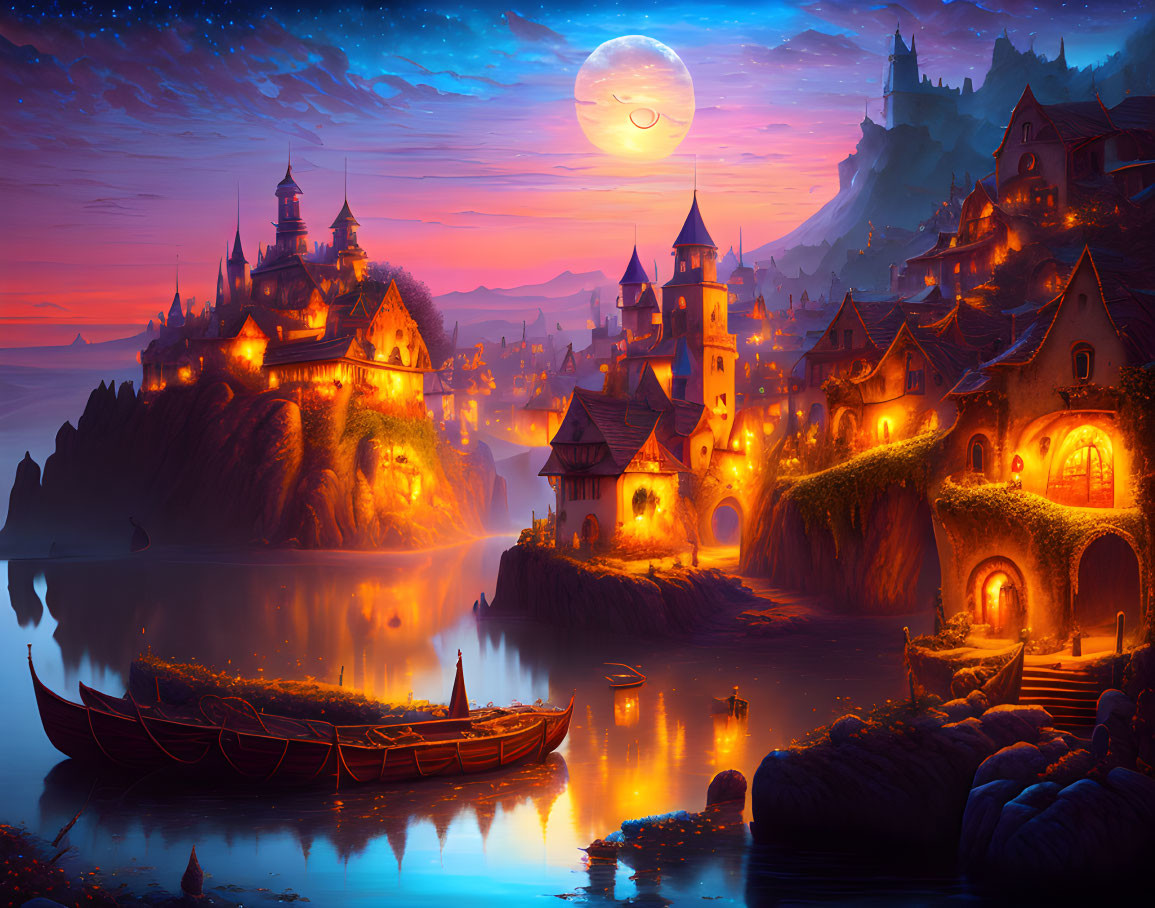 Vibrant fantasy landscape at dusk with illuminated castles, cottages, boat, and moon