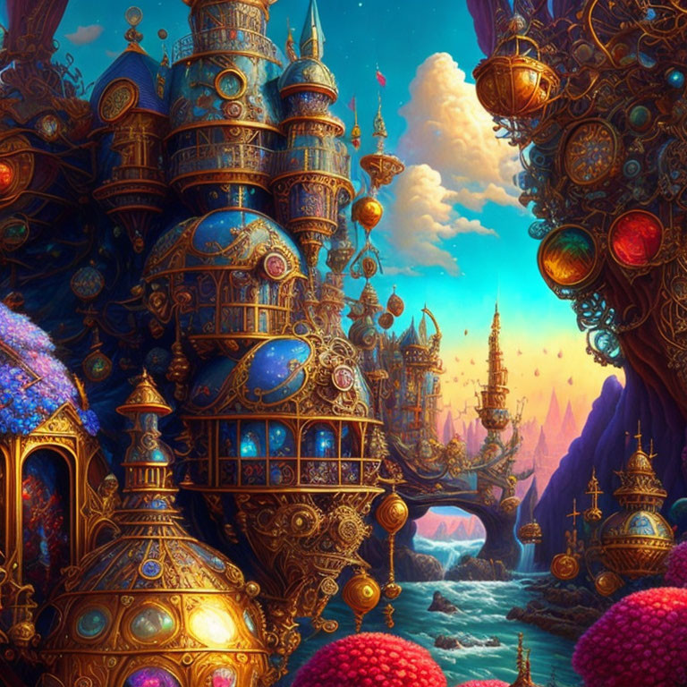 Fantastical Landscape with Floating Golden Palaces and Colorful Sky