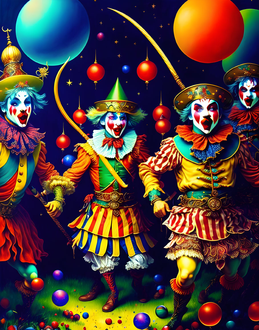 Colorful Clowns Juggling Balloons in Starry Setting