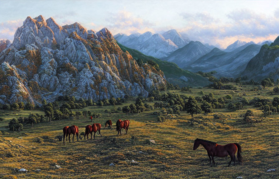 Tranquil landscape with grazing horses and majestic mountains