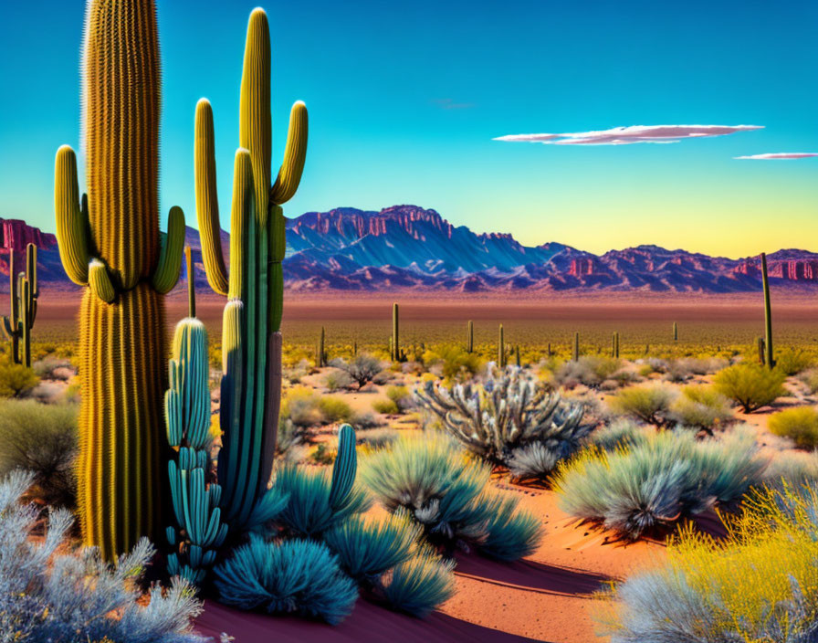 Desert landscape with saguaro cacti, shrubs, and mountains under blue sky